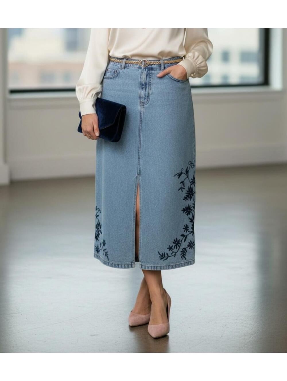 Cottagecore Women's Embroidered Denim Midi Skirt by Eddie Bauer - Size 10 Petite